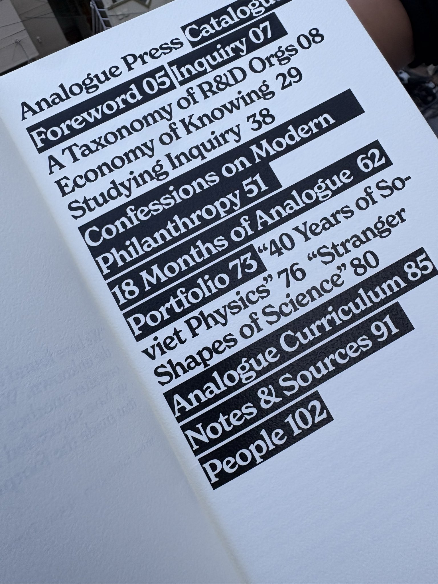 The contents page of catalogue, listing essays on inquiry, ways of knowing, philanthropy, and the Analogue Curriculum