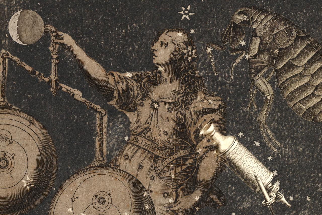 An antique celestial illustration with a figure holding astronomical instruments beneath the moon and stars